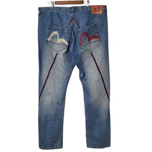 EVISU Daicock Gull Painted No. 2 Jeans Selvedge Denim Loose Straight 42x33 Mens